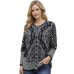 Isaac m geometric black white button up cardigan knit career casual stretch 1X